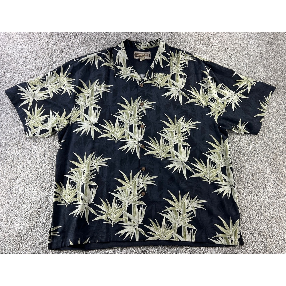 Vintage Jamaica Jaxx Mens XXL Silk Bamboo Print Button Up Hawaiian Shirt Black